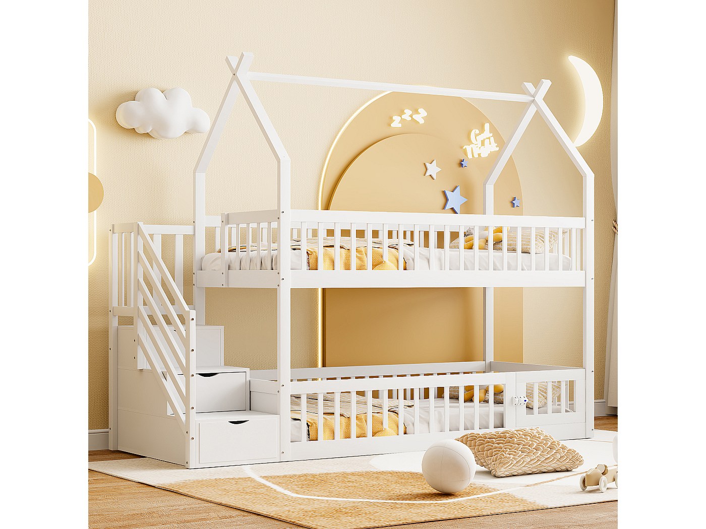 Kinderhoogslaper - 90 x 200 cm - met opbergtrap kledingkast - MDF metaal - wit