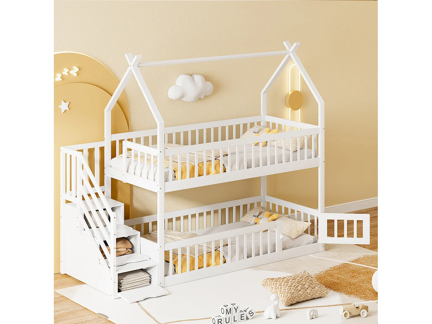 Beliche infantil - 2 x 90 x 200 - com escada de armazenamento + barreiras + teto - madeira - branco
