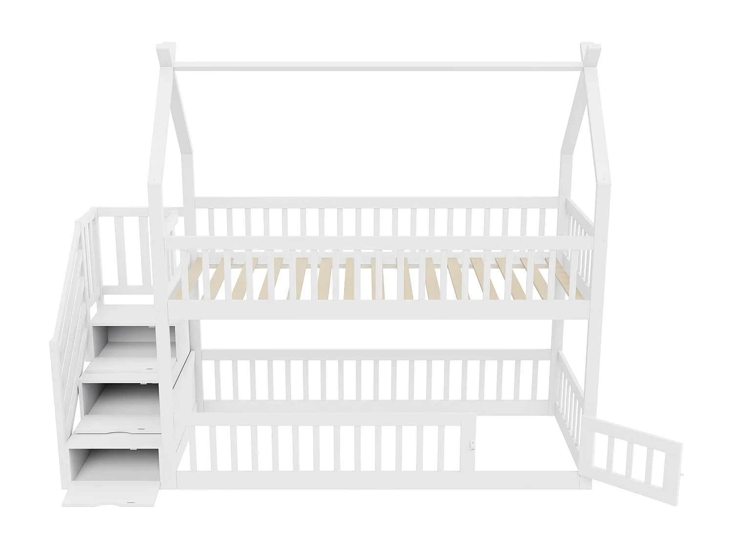 Beliche infantil - 2 x 90 x 200 - com escada de armazenamento + barreiras + teto - madeira - branco