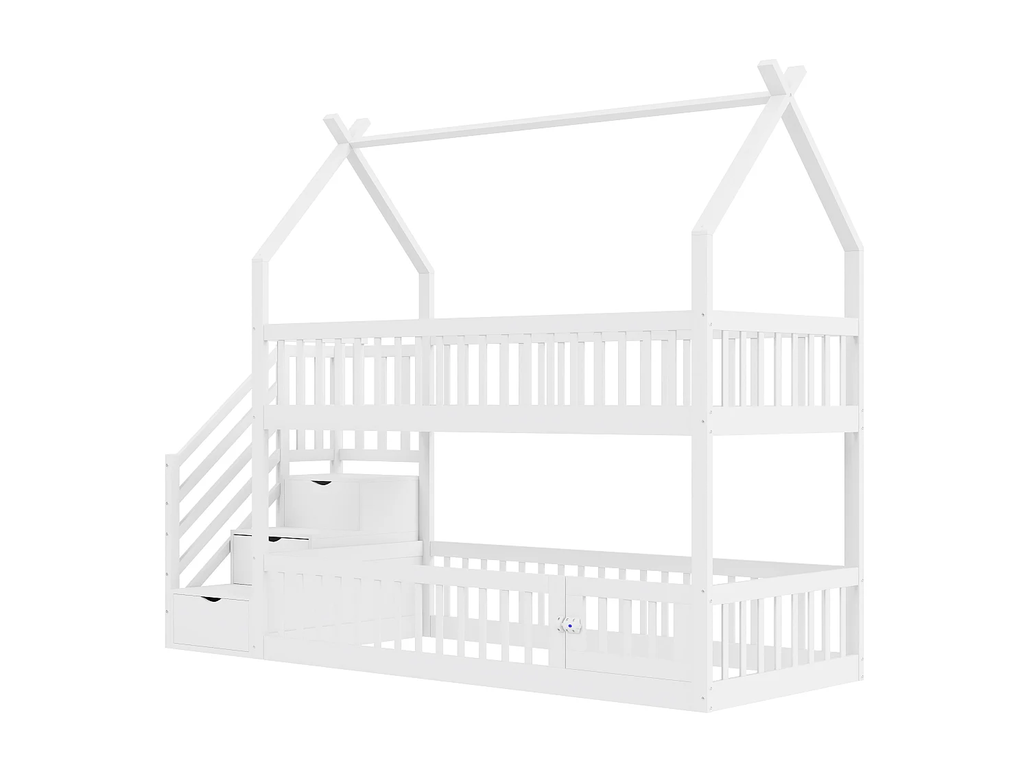 Beliche infantil - 2 x 90 x 200 - com escada de armazenamento + barreiras + teto - madeira - branco