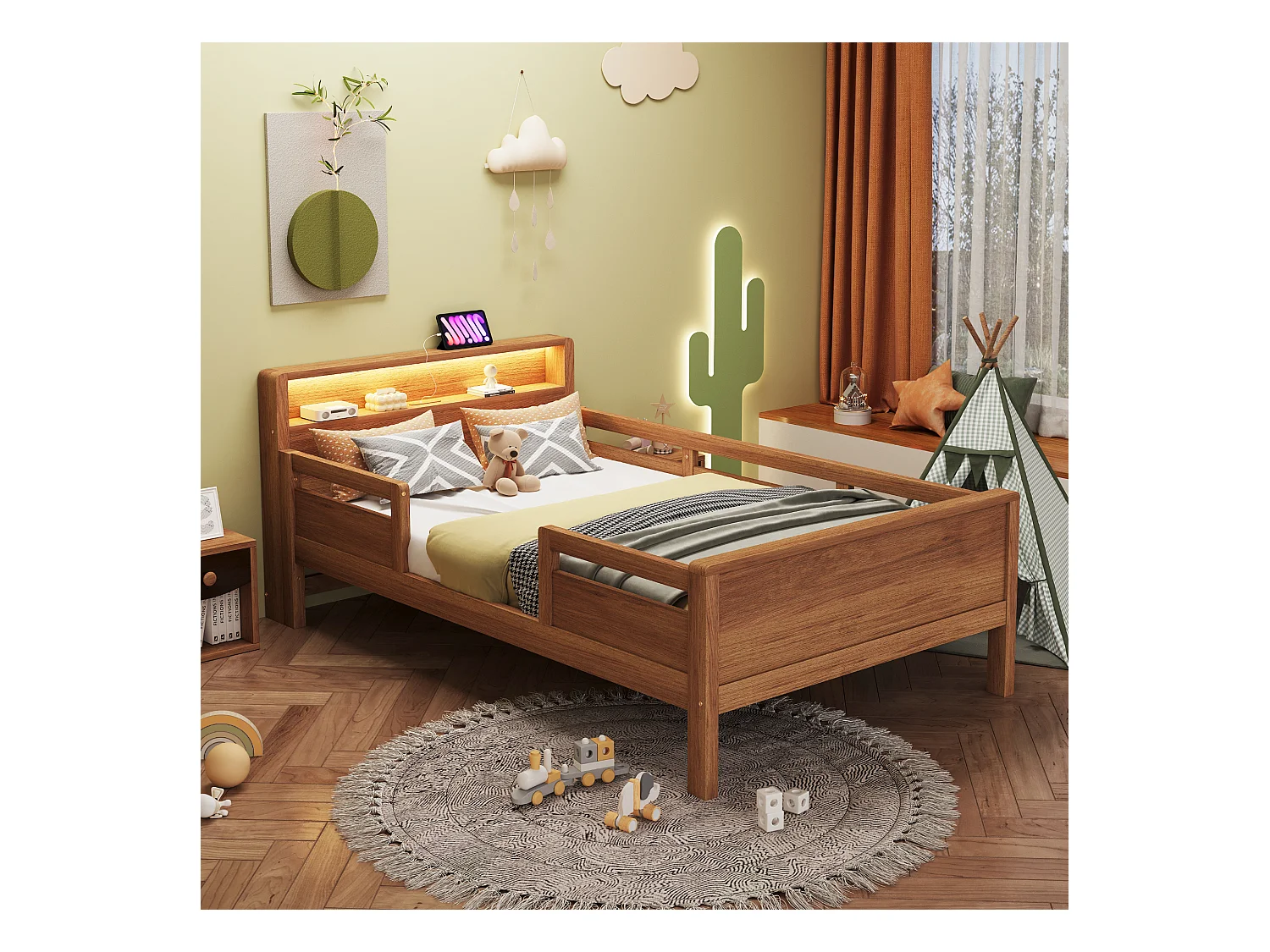 Lit en bois enfant - 90 x 200 cm - avec USB + Leds - tête de lit avec rangement - bois - naturel