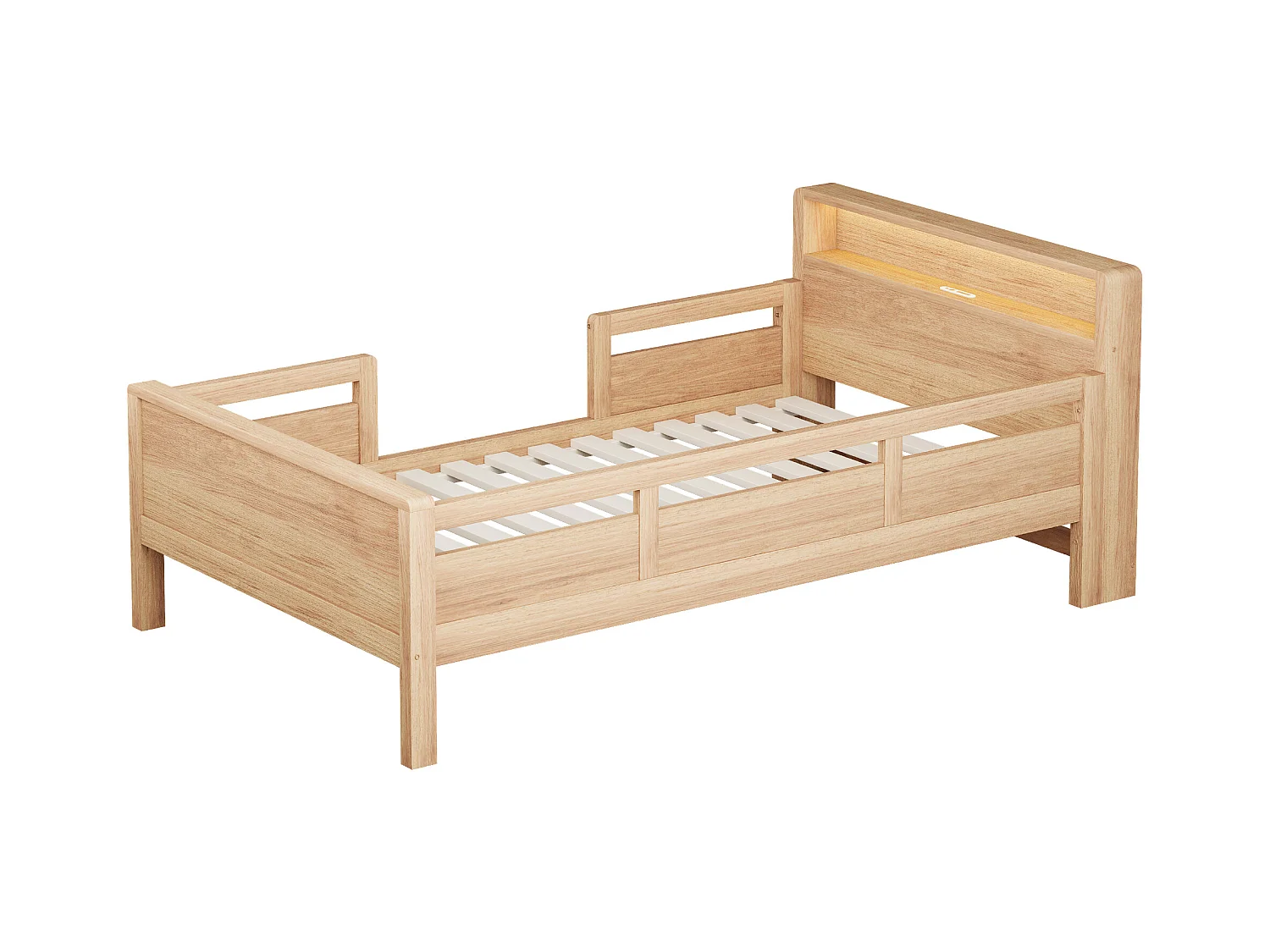 Lit en bois enfant - 90 x 200 cm - avec USB + Leds - tête de lit avec rangement - bois - naturel