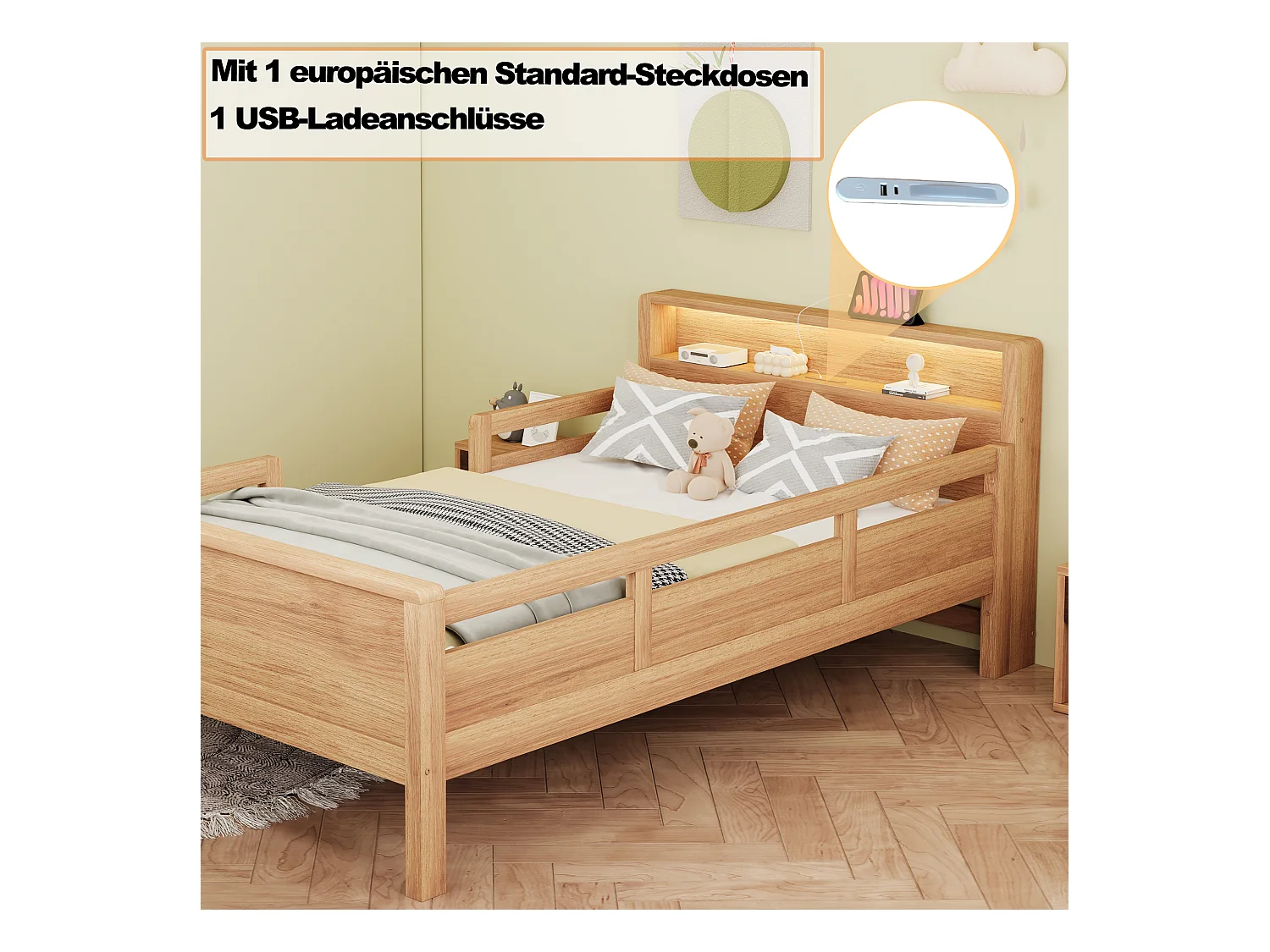 Lit en bois enfant - 90 x 200 cm - avec USB + Leds - tête de lit avec rangement - bois - naturel