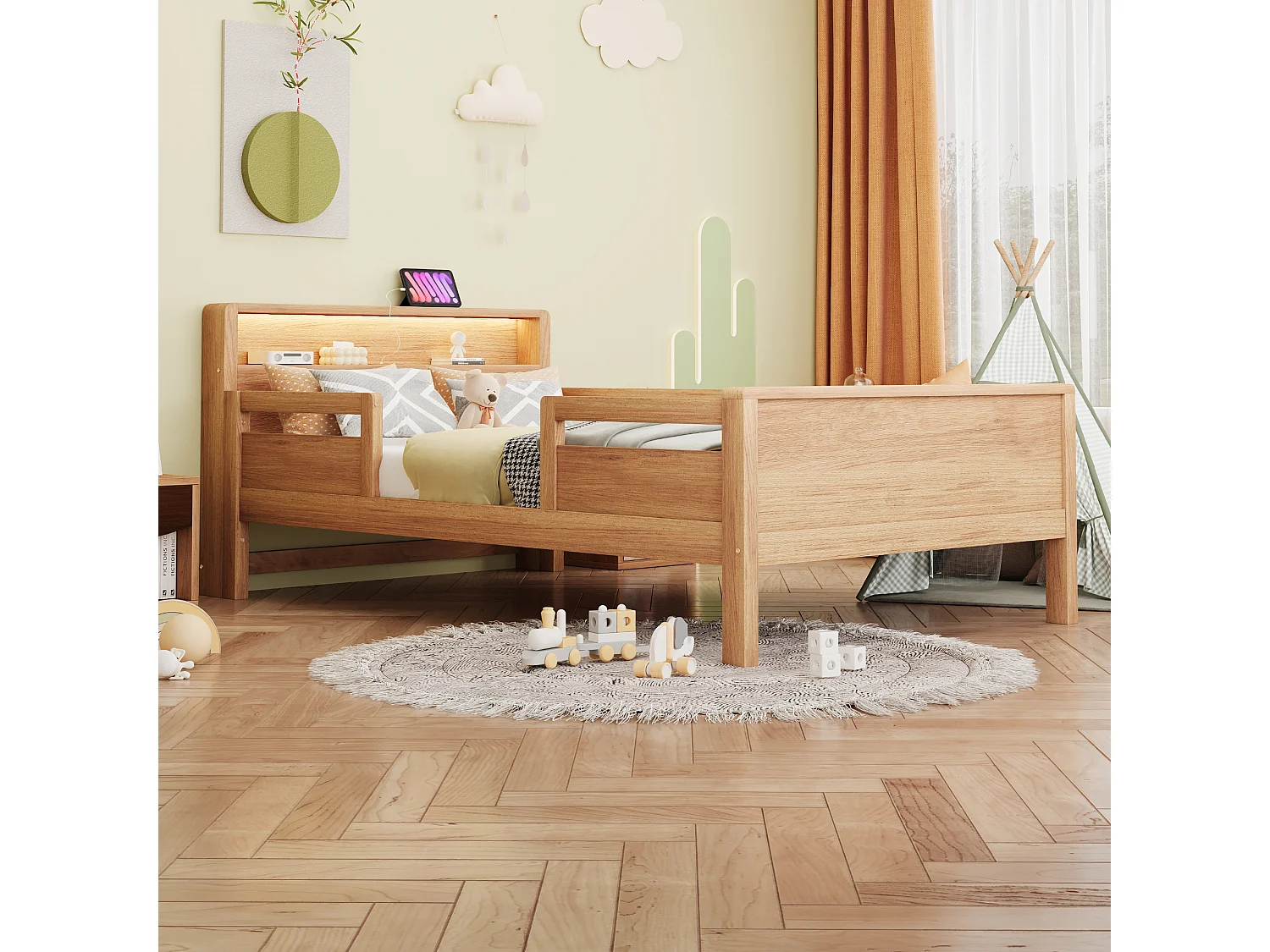 Lit en bois enfant - 90 x 200 cm - avec USB + Leds - tête de lit avec rangement - bois - naturel