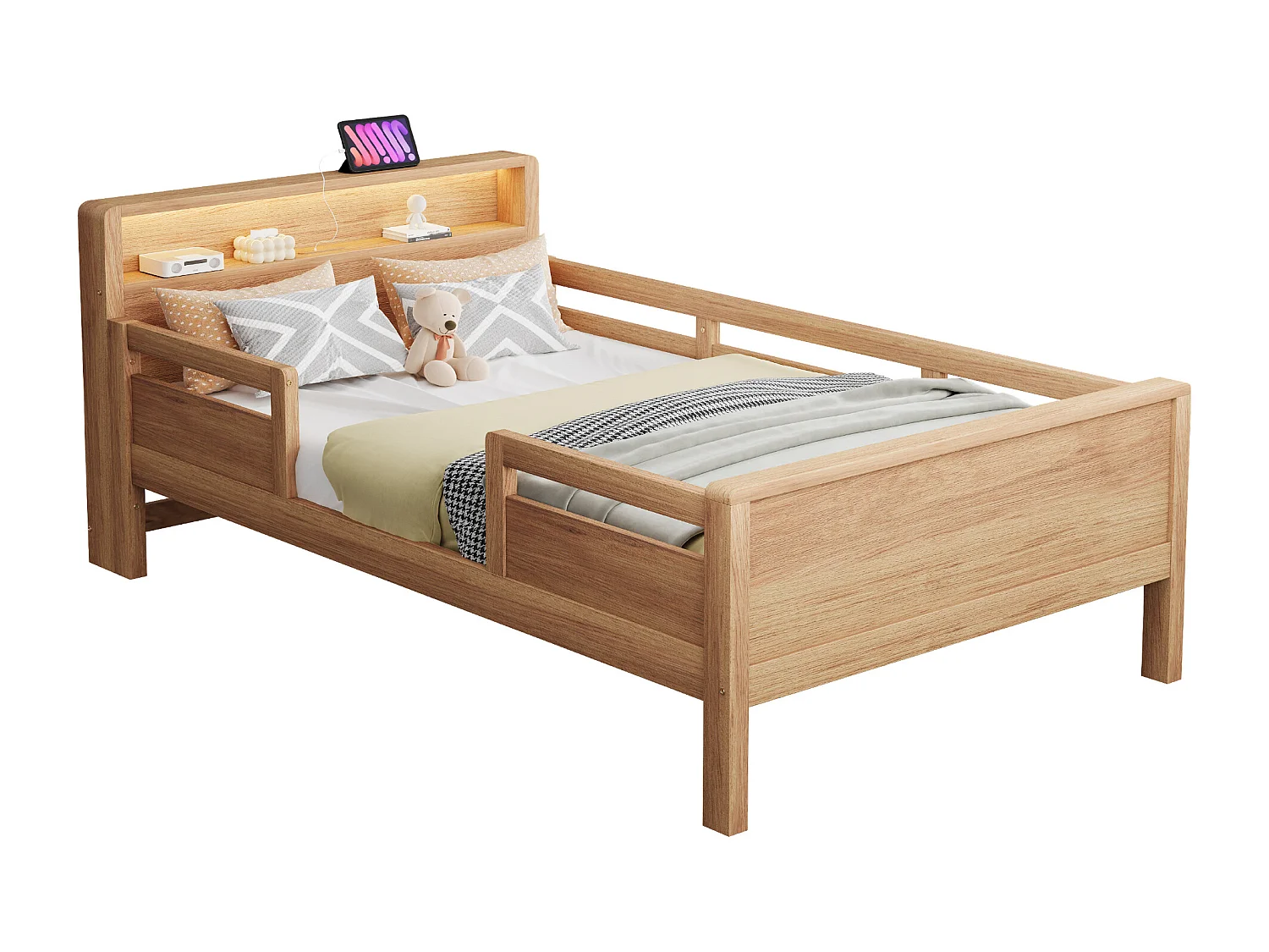 Lit en bois enfant - 90 x 200 cm - avec USB + Leds - tête de lit avec rangement - bois - naturel