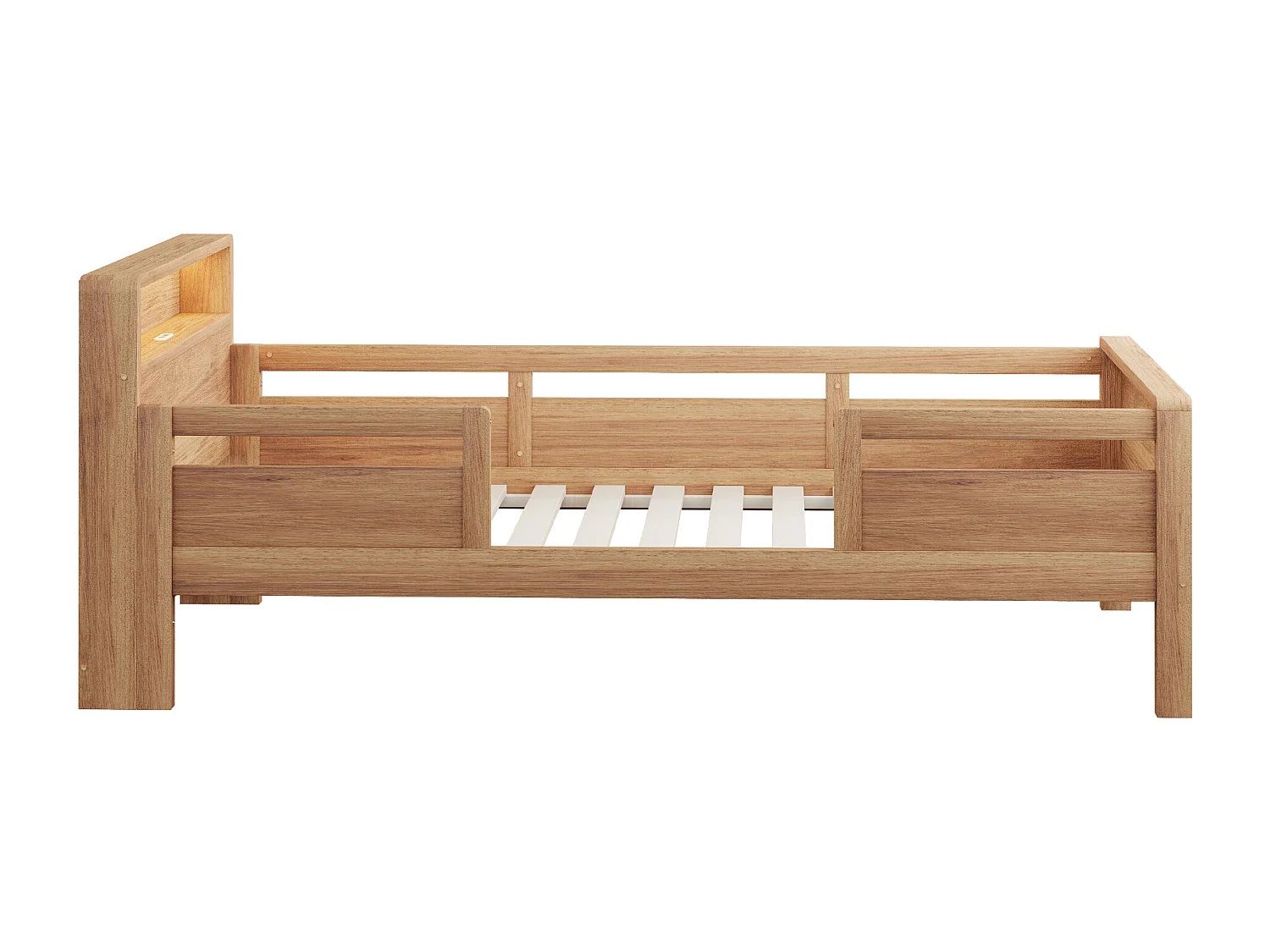Lit en bois enfant - 90 x 200 cm - avec USB + Leds - tête de lit avec rangement - bois - naturel