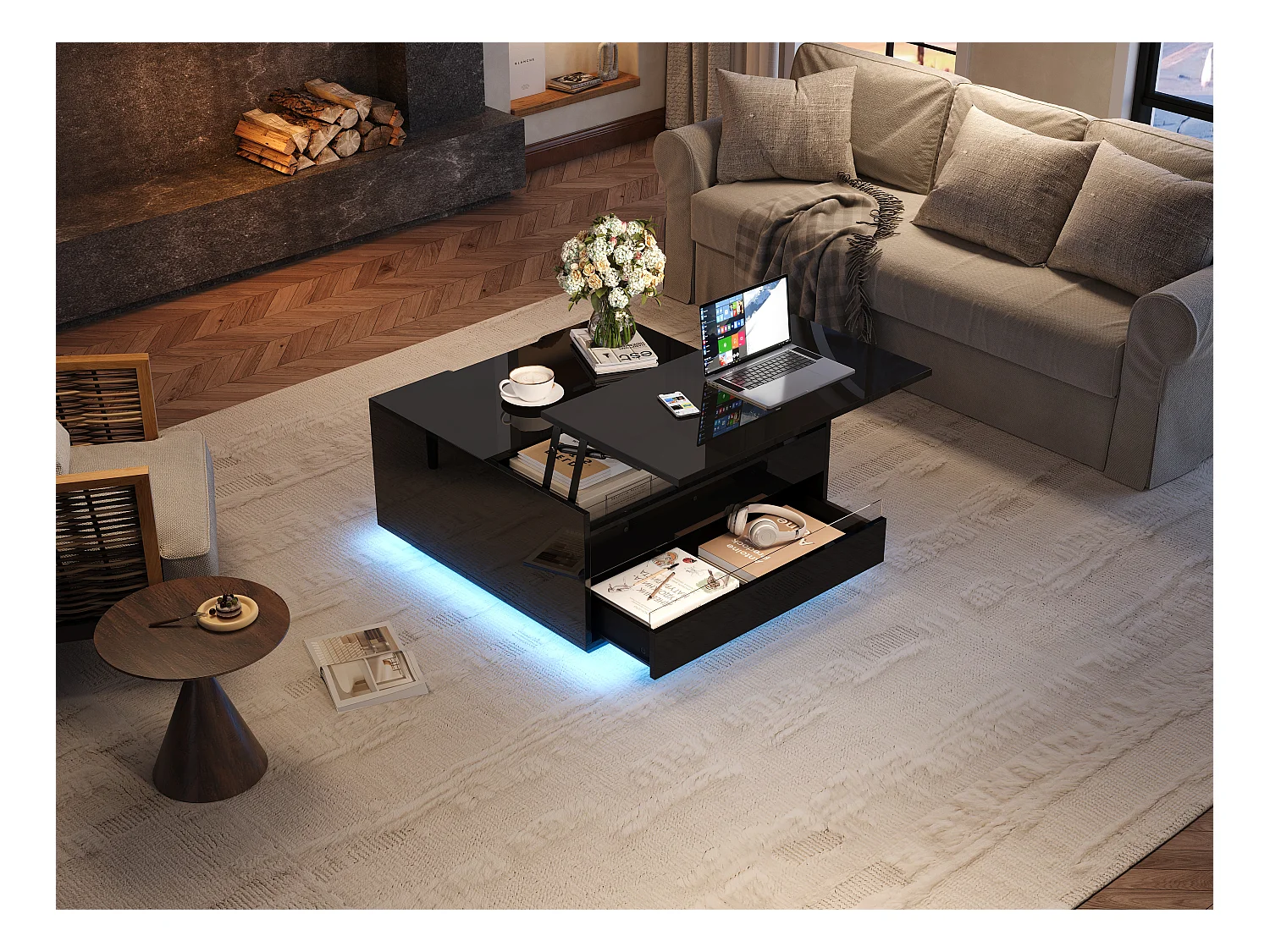 Table basse relevable de salon - 70 x 70 x 38 cm - avec Leds + 1 tiroir + portes rabattables - aggloméré - noir