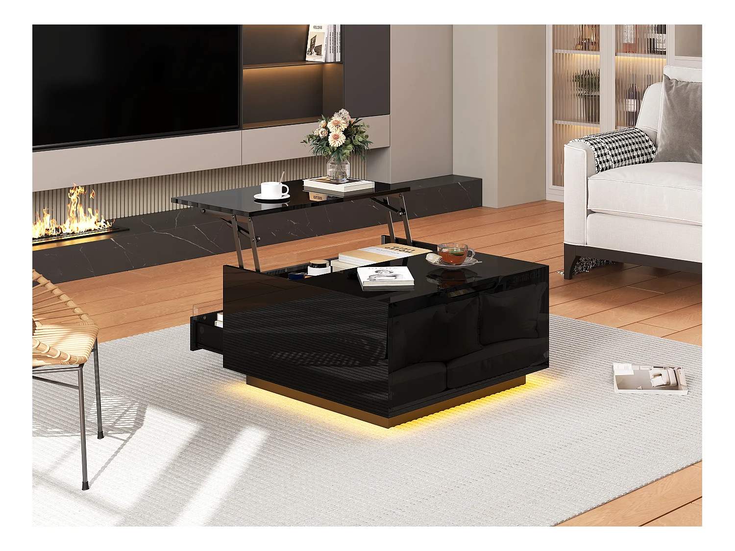 Table basse relevable de salon - 70 x 70 x 38 cm - avec Leds + 1 tiroir + portes rabattables - aggloméré - noir