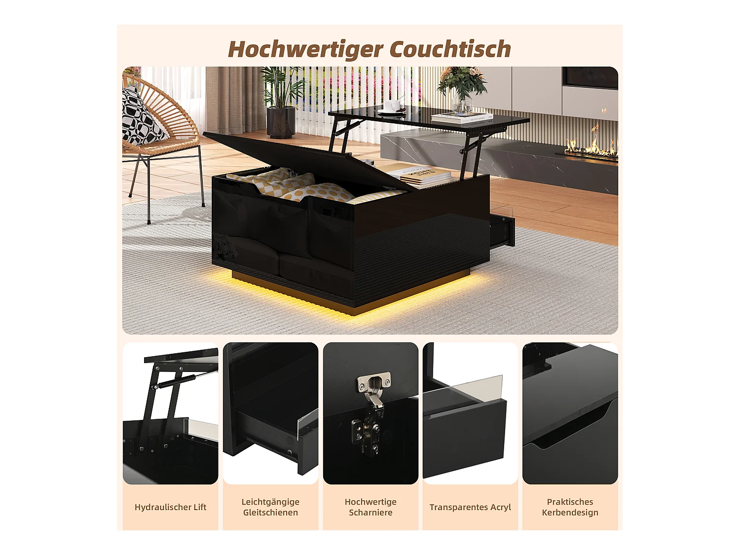 Table basse relevable de salon - 70 x 70 x 38 cm - avec Leds + 1 tiroir + portes rabattables - aggloméré - noir