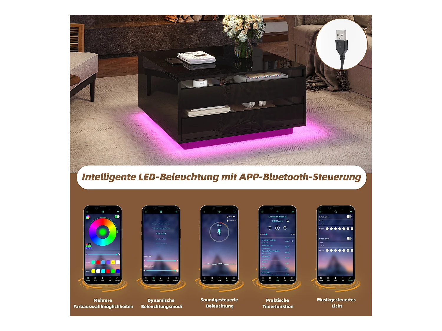 Table basse relevable de salon - 70 x 70 x 38 cm - avec Leds + 1 tiroir + portes rabattables - aggloméré - noir