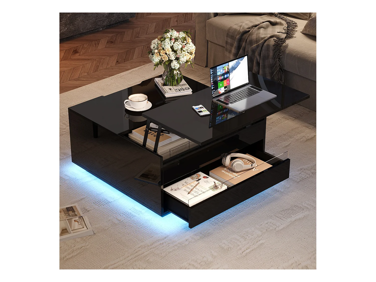 Hochklappbarer Couchtisch fürs Wohnzimmer - 70 x 70 x 38 cm - mit LEDs + 1 Schublade + Falttüren - Spanplatte - Schwarz