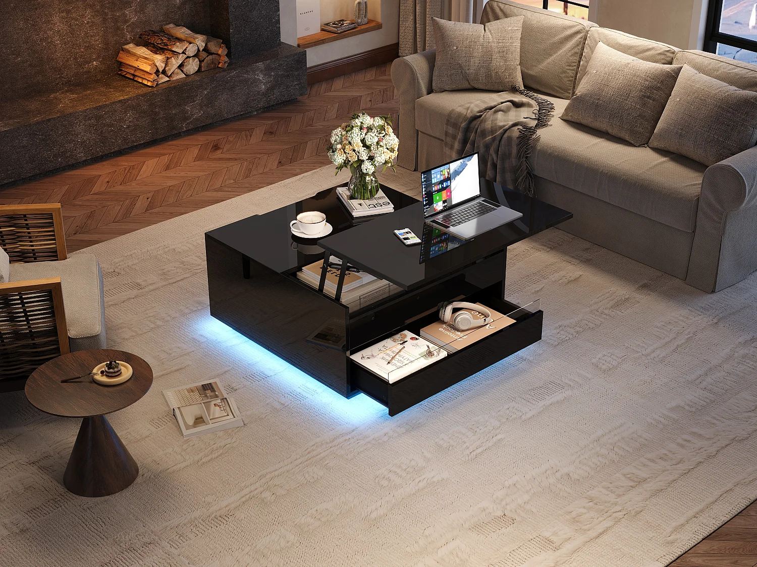 Tavolino da salotto sollevabile - 70 x 70 x 38 cm - con LED + 1 cassetto + ante a ribalta - truciolato - nero