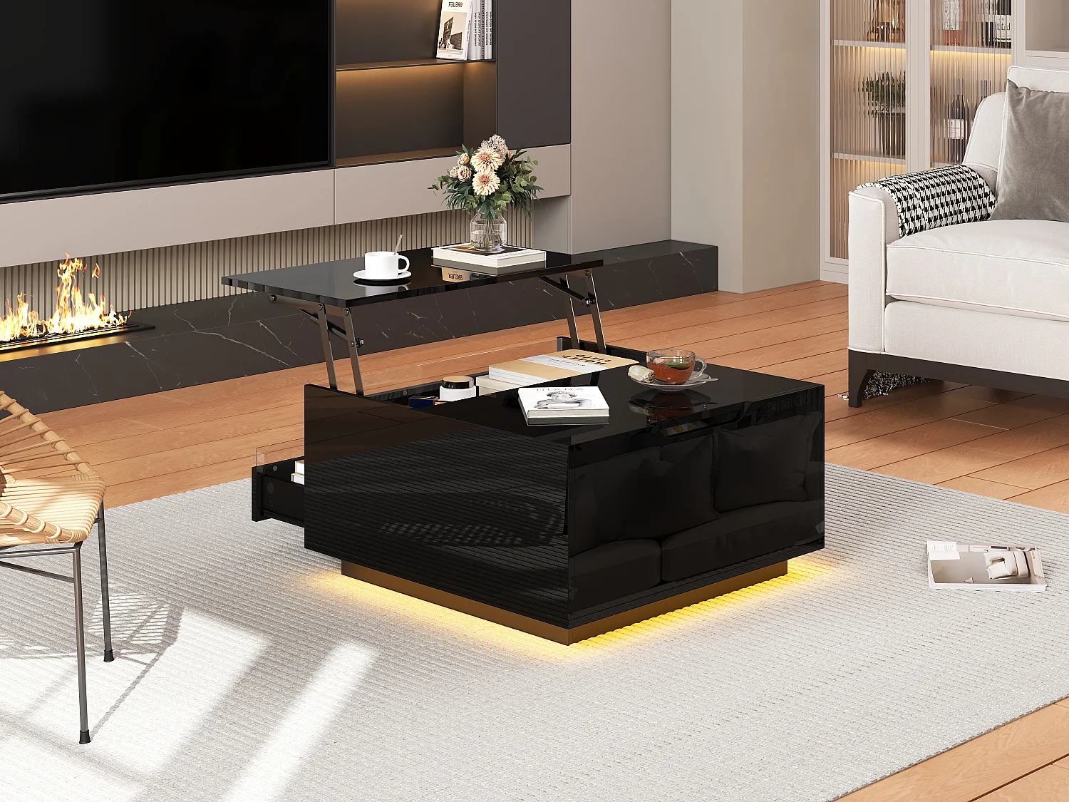 Tavolino da salotto sollevabile - 70 x 70 x 38 cm - con LED + 1 cassetto + ante a ribalta - truciolato - nero