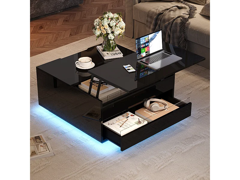 Tavolino da salotto sollevabile - 70 x 70 x 38 cm - con LED + 1 cassetto + ante a ribalta - truciolato - nero