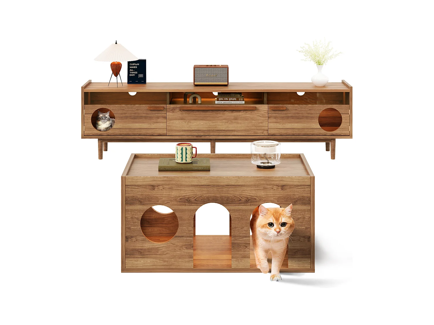 Ensemble meuble TV + table basse - meuble TV avec panier pour chat + Leds - bois - naturel