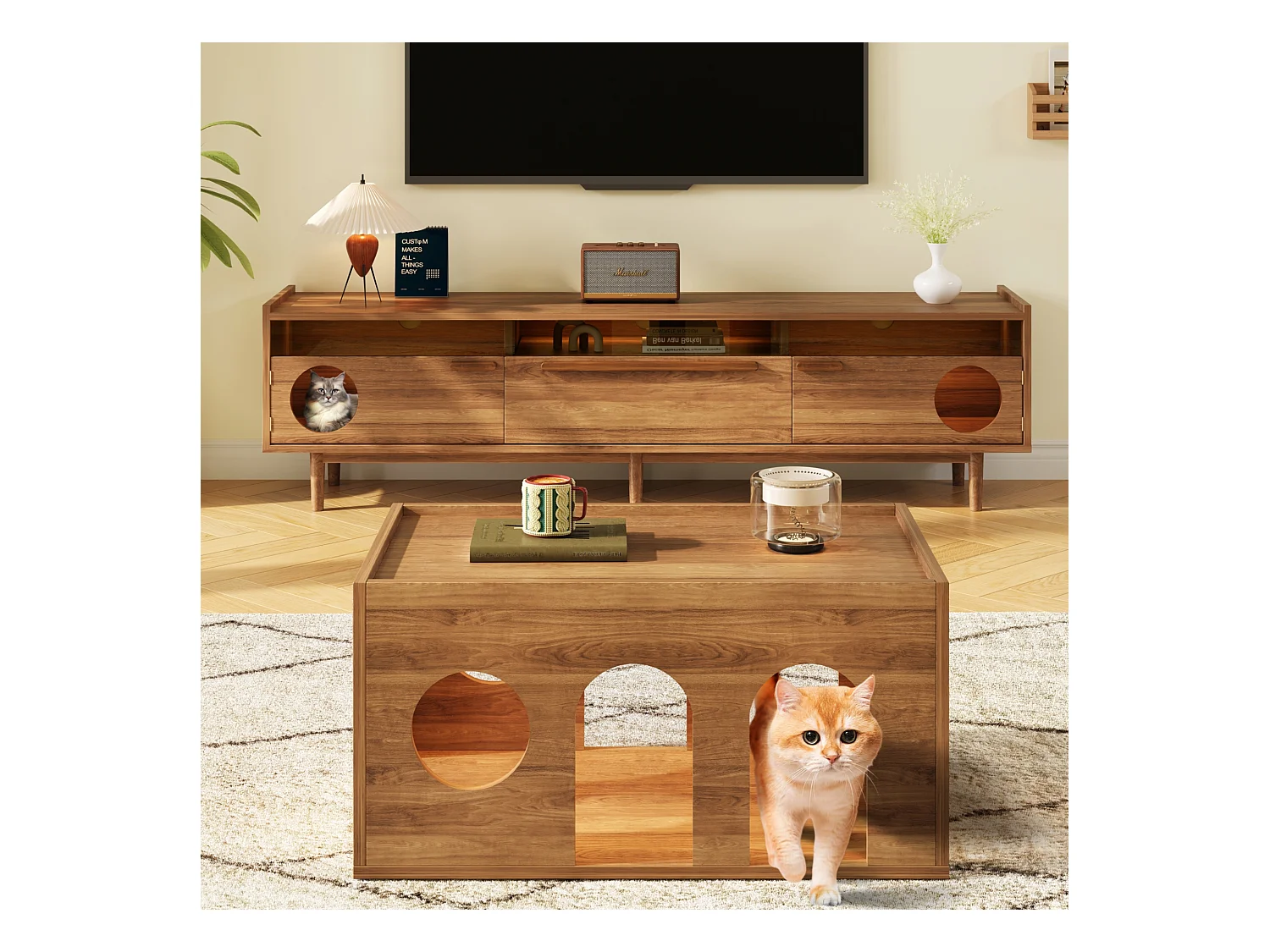 TV-Ständer + Couchtisch-Set - Fernsehständer mit Katzenkorb + LEDs - Holz - Natur