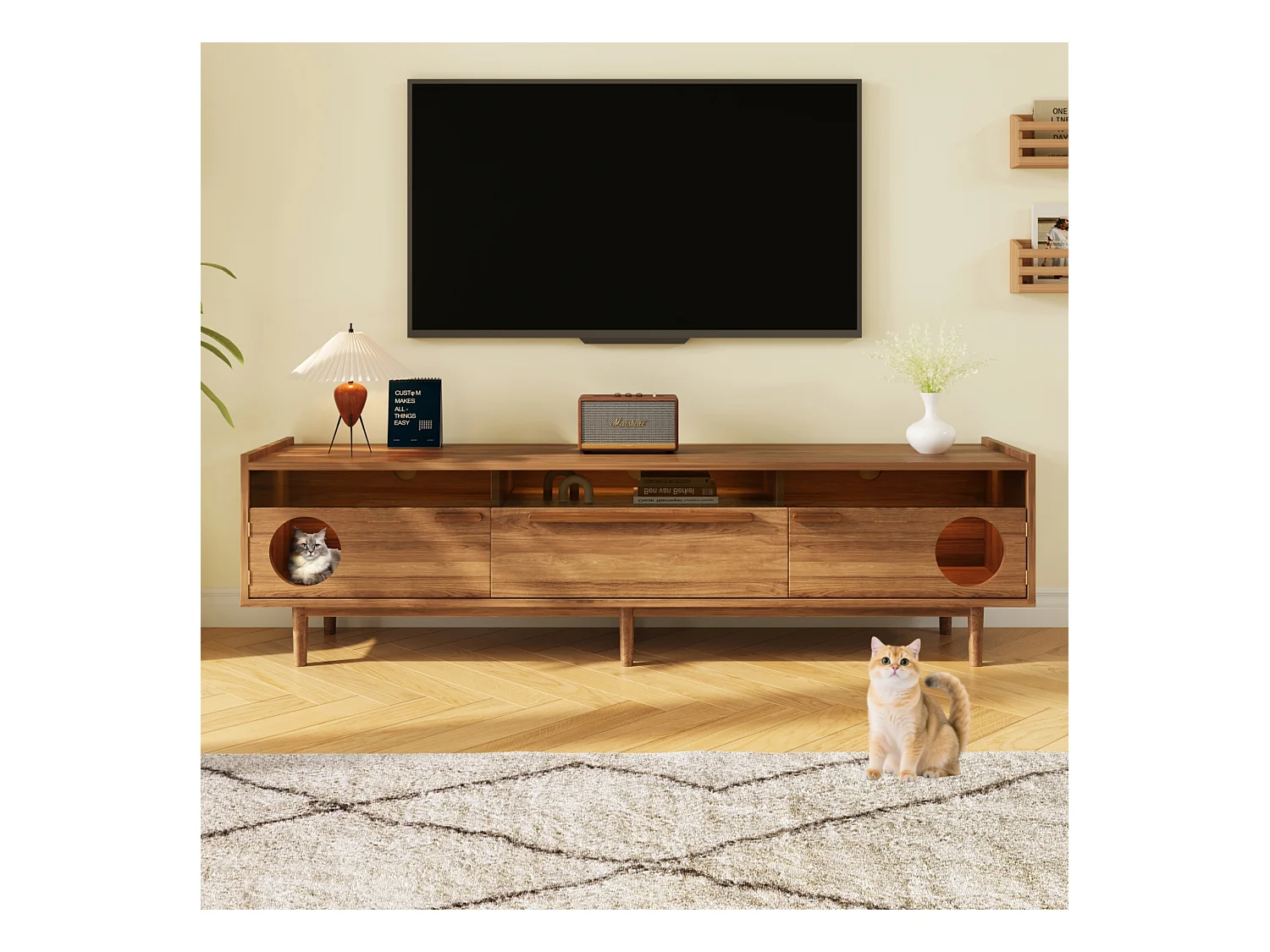 TV-Ständer + Couchtisch-Set - Fernsehständer mit Katzenkorb + LEDs - Holz - Natur