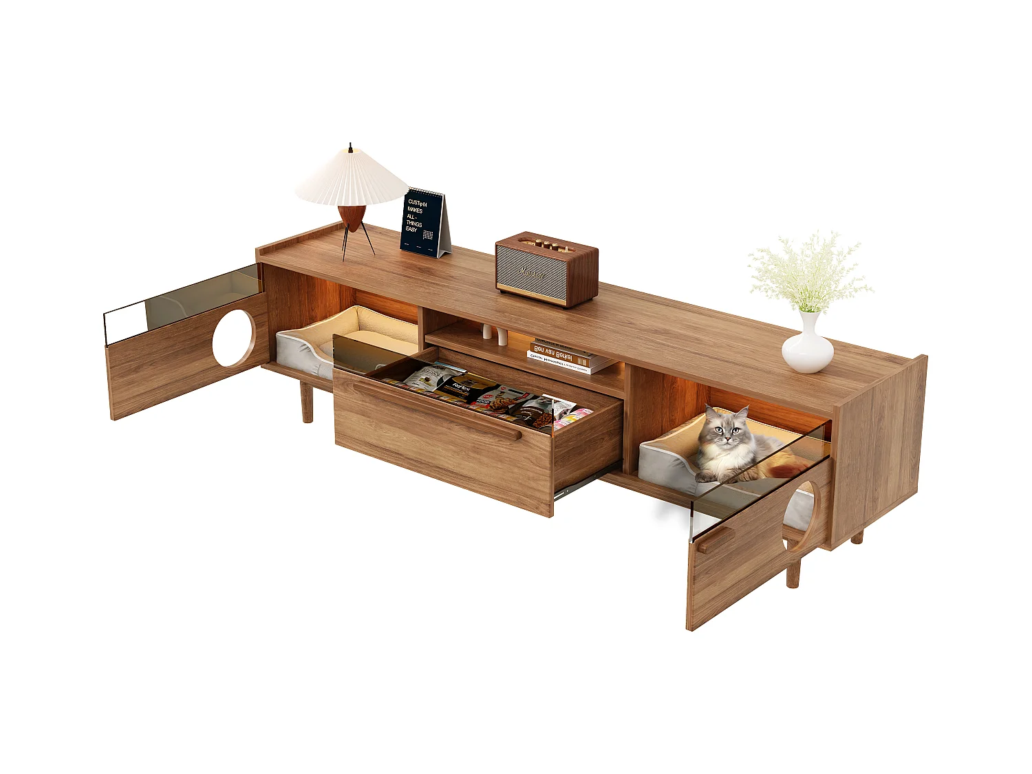 TV-Ständer + Couchtisch-Set - Fernsehständer mit Katzenkorb + LEDs - Holz - Natur