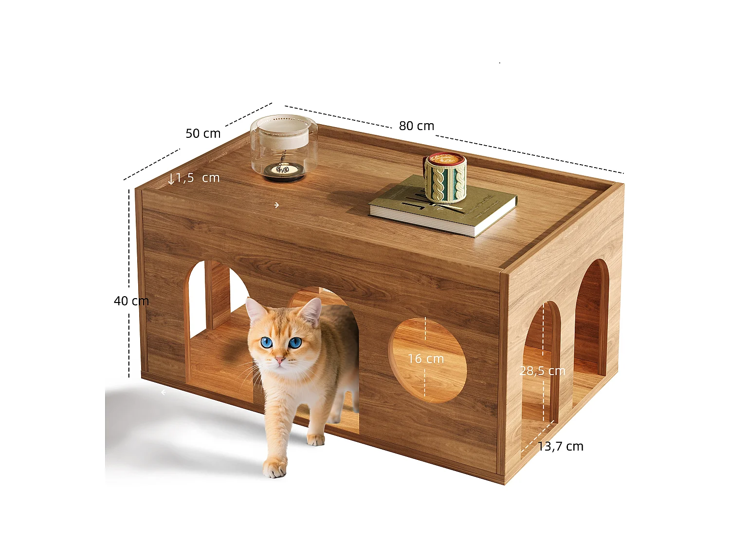 TV-Ständer + Couchtisch-Set - Fernsehständer mit Katzenkorb + LEDs - Holz - Natur