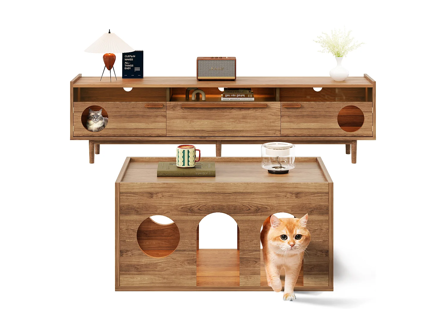 Ensemble meuble TV + table basse - meuble TV avec panier pour chat + Leds - bois - naturel