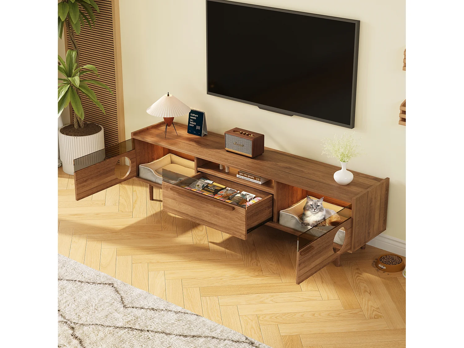 Ensemble meuble TV + table basse - meuble TV avec panier pour chat + Leds - bois - naturel