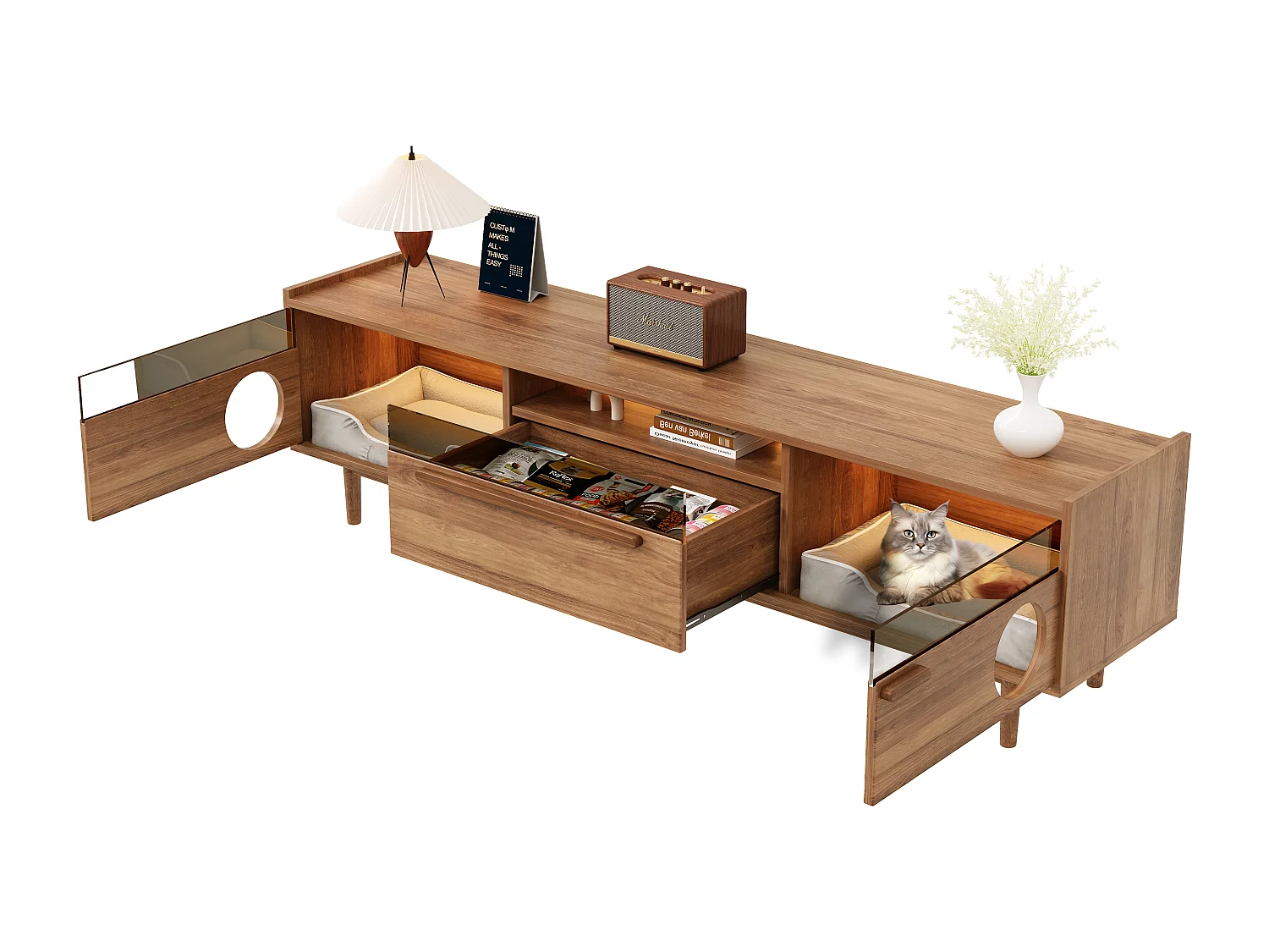 Ensemble meuble TV + table basse - meuble TV avec panier pour chat + Leds - bois - naturel