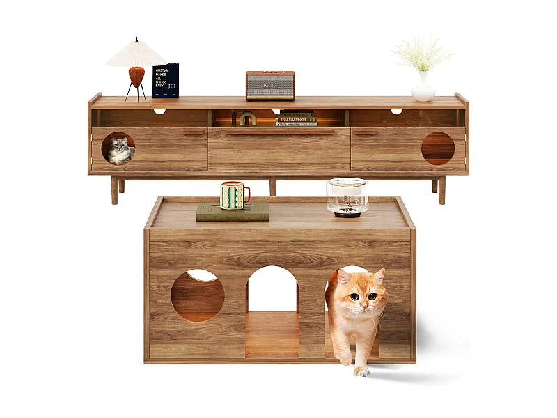 Ensemble meuble TV + table basse - meuble TV avec panier pour chat + Leds - bois - naturel