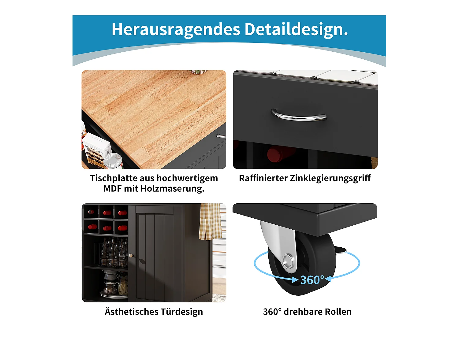 Îlot central à roulettes - 102 x 45 x 92 cm - avec 2 tiroirs + 2 portes - métal + MDF - noir