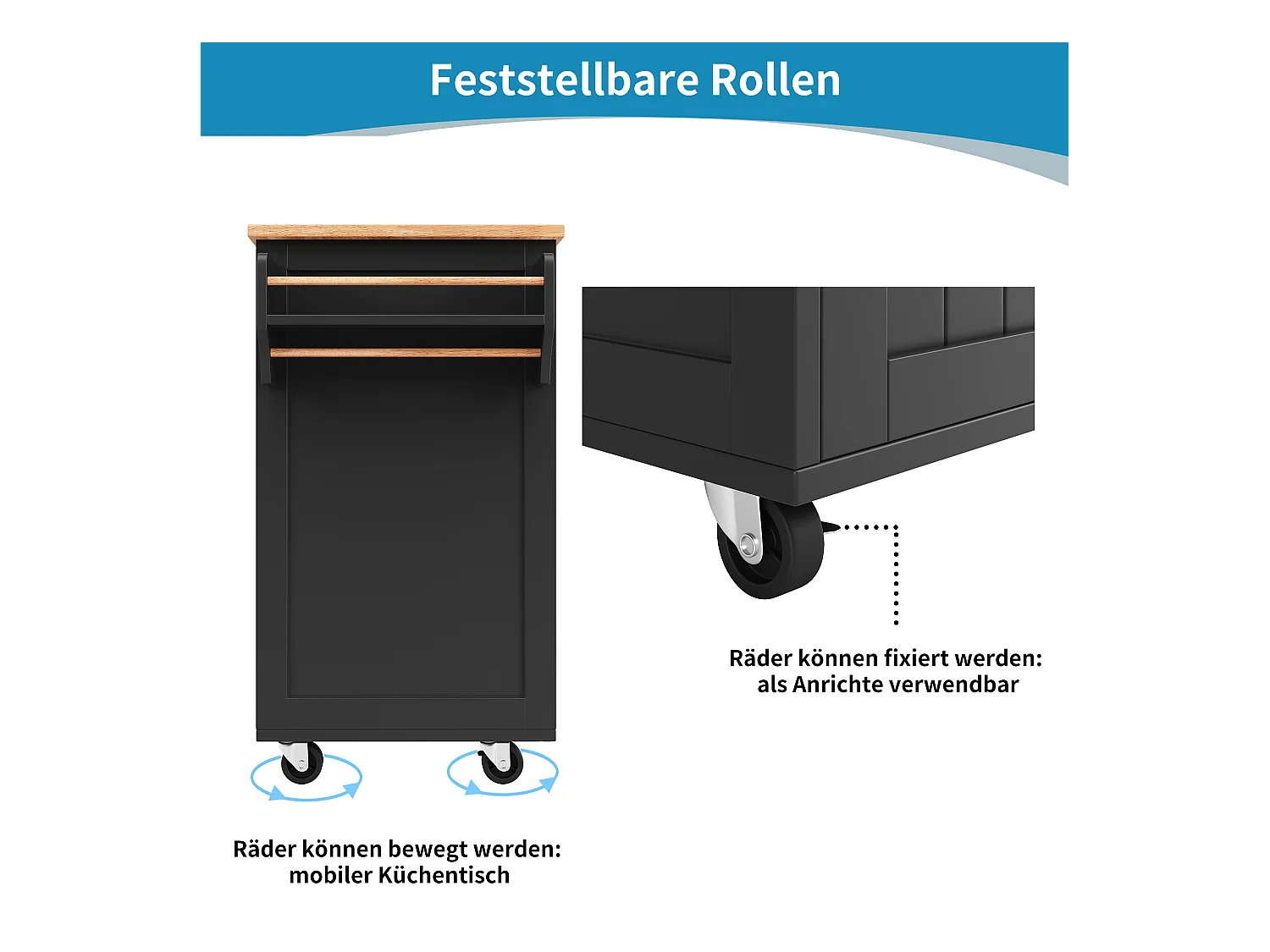 Îlot central à roulettes - 102 x 45 x 92 cm - avec 2 tiroirs + 2 portes - métal + MDF - noir
