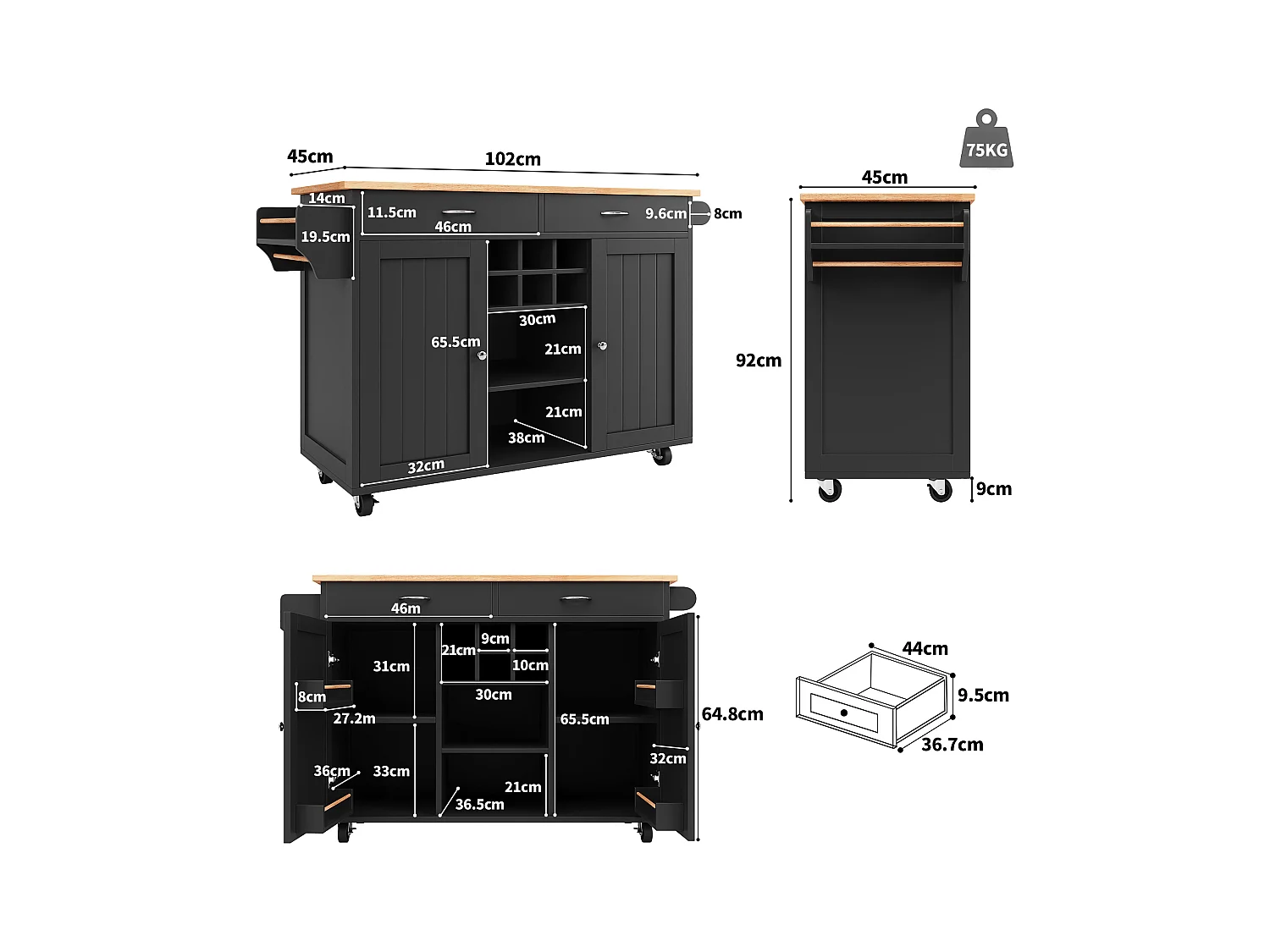 Îlot central à roulettes - 102 x 45 x 92 cm - avec 2 tiroirs + 2 portes - métal + MDF - noir
