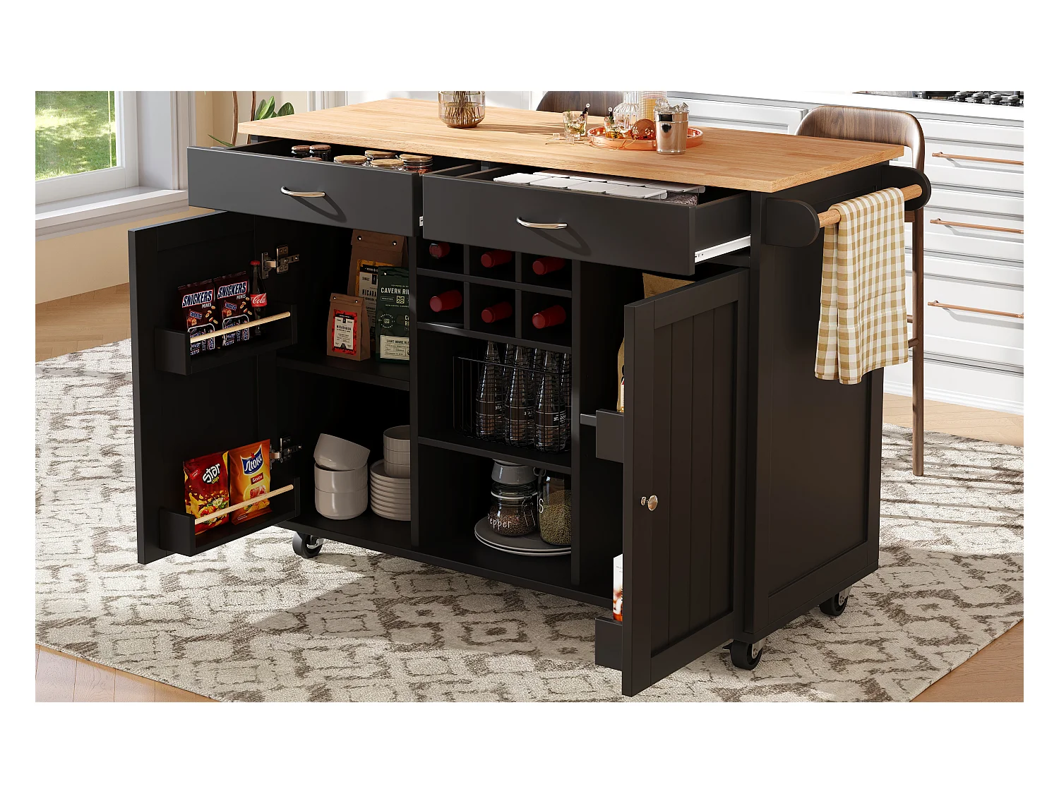 Îlot central à roulettes - 102 x 45 x 92 cm - avec 2 tiroirs + 2 portes - métal + MDF - noir