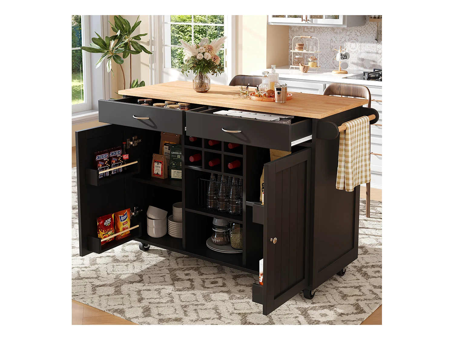 Îlot central à roulettes - 102 x 45 x 92 cm - avec 2 tiroirs + 2 portes - métal + MDF - noir