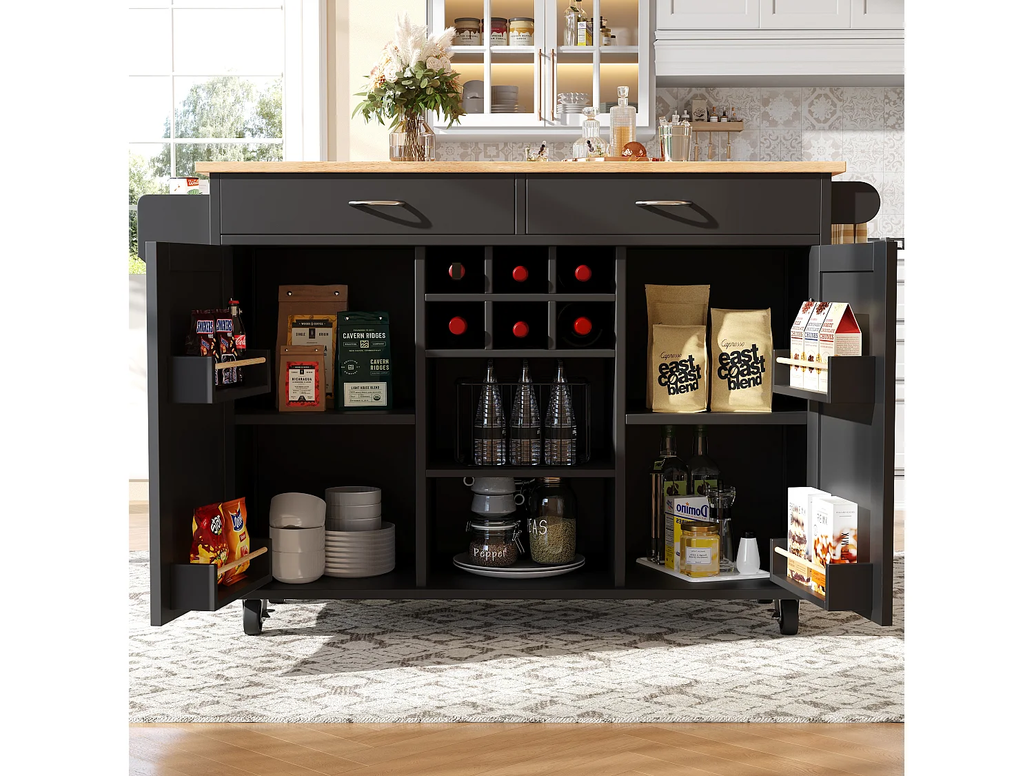 Îlot central à roulettes - 102 x 45 x 92 cm - avec 2 tiroirs + 2 portes - métal + MDF - noir