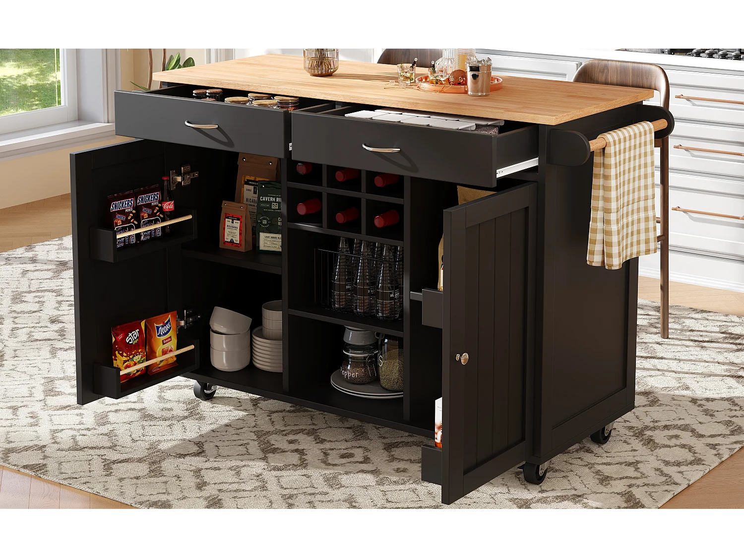 Îlot central à roulettes - 102 x 45 x 92 cm - avec 2 tiroirs + 2 portes - métal + MDF - noir