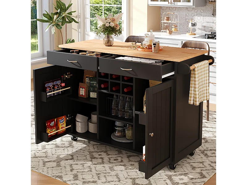 Centraal eiland op wielen - 102 x 45 x 92 cm - met 2 laden + 2 deuren - metaal + MDF - zwart