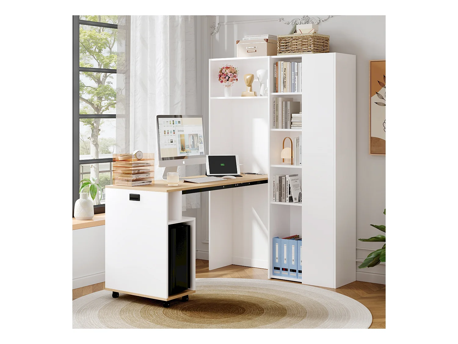 Bureau pliant avec étagères + USB - 104 x 30.5 x 160 cm - Bibliothèque et bureau 2 en 1 - MDF - blanc