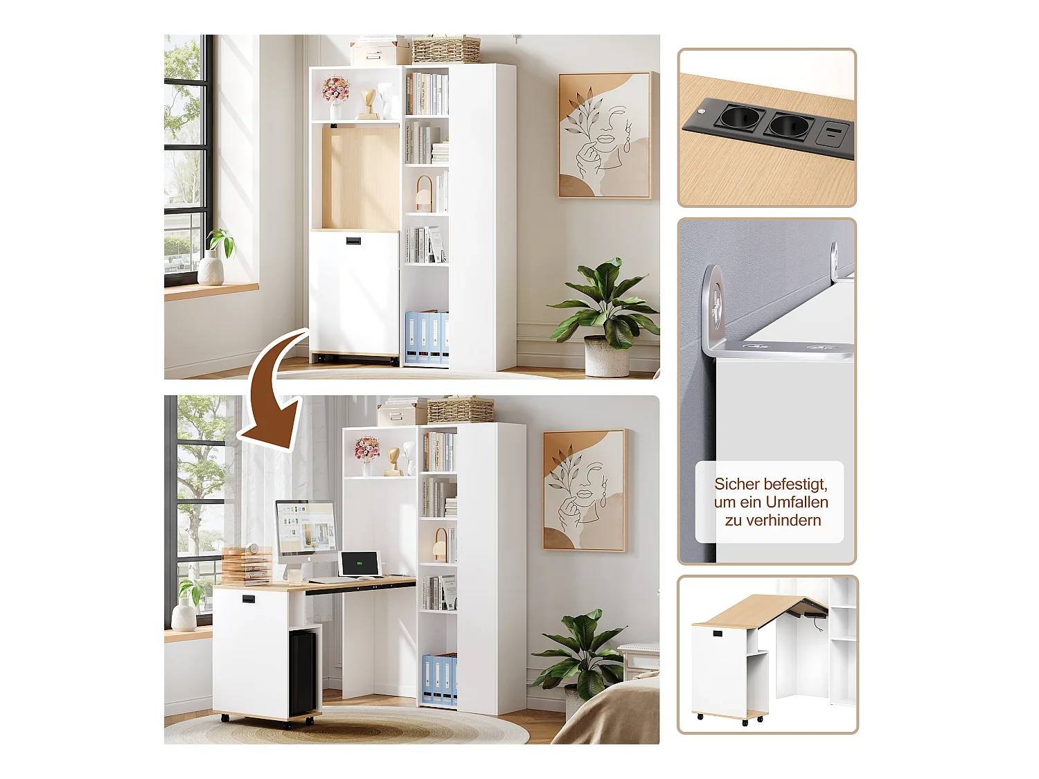 Bureau pliant avec étagères + USB - 104 x 30.5 x 160 cm - Bibliothèque et bureau 2 en 1 - MDF - blanc