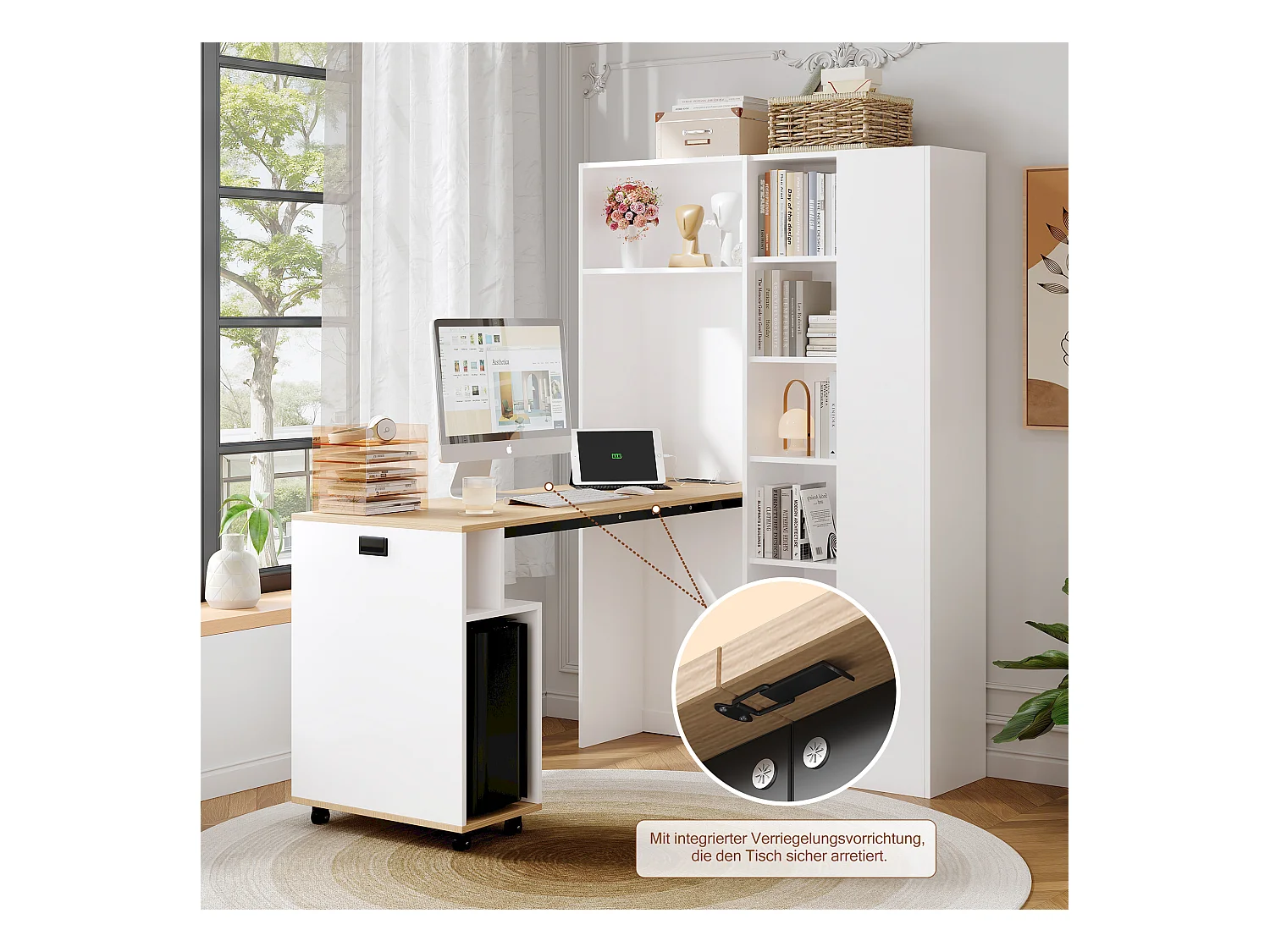 Bureau pliant avec étagères + USB - 104 x 30.5 x 160 cm - Bibliothèque et bureau 2 en 1 - MDF - blanc