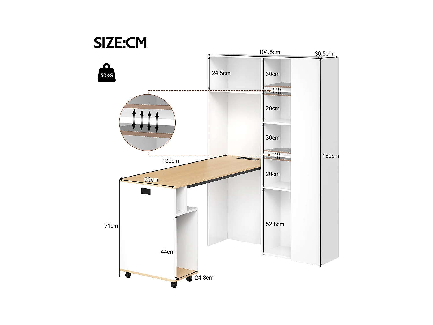 Bureau pliant avec étagères + USB - 104 x 30.5 x 160 cm - Bibliothèque et bureau 2 en 1 - MDF - blanc