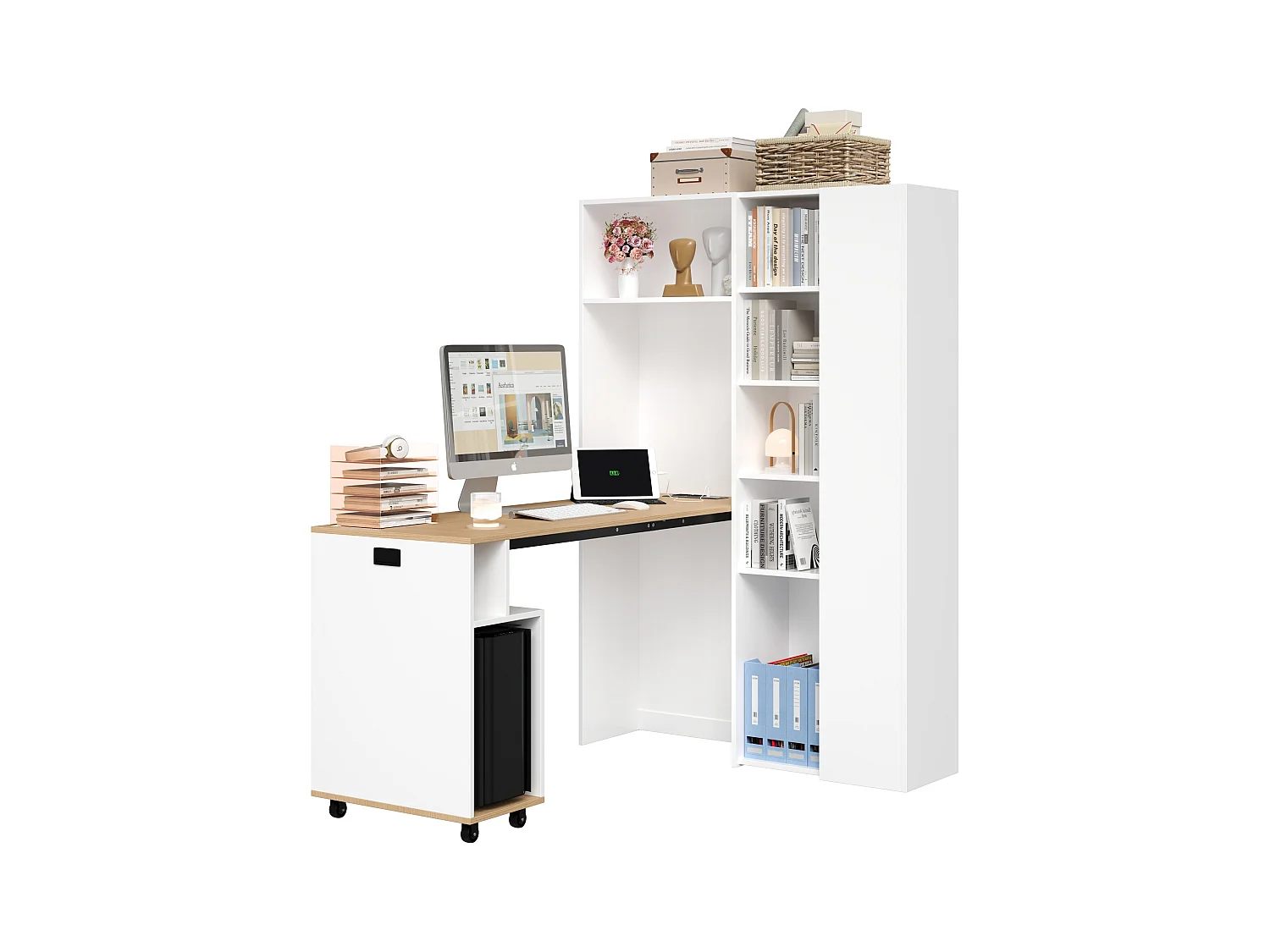 Bureau pliant avec étagères + USB - 104 x 30.5 x 160 cm - Bibliothèque et bureau 2 en 1 - MDF - blanc