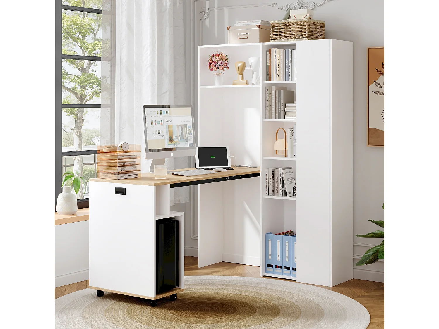 Bureau pliant avec étagères + USB - 104 x 30.5 x 160 cm - Bibliothèque et bureau 2 en 1 - MDF - blanc