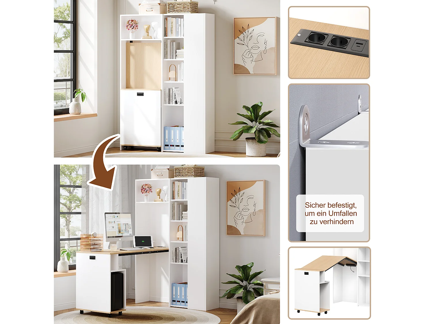 Bureau pliant avec étagères + USB - 104 x 30.5 x 160 cm - Bibliothèque et bureau 2 en 1 - MDF - blanc