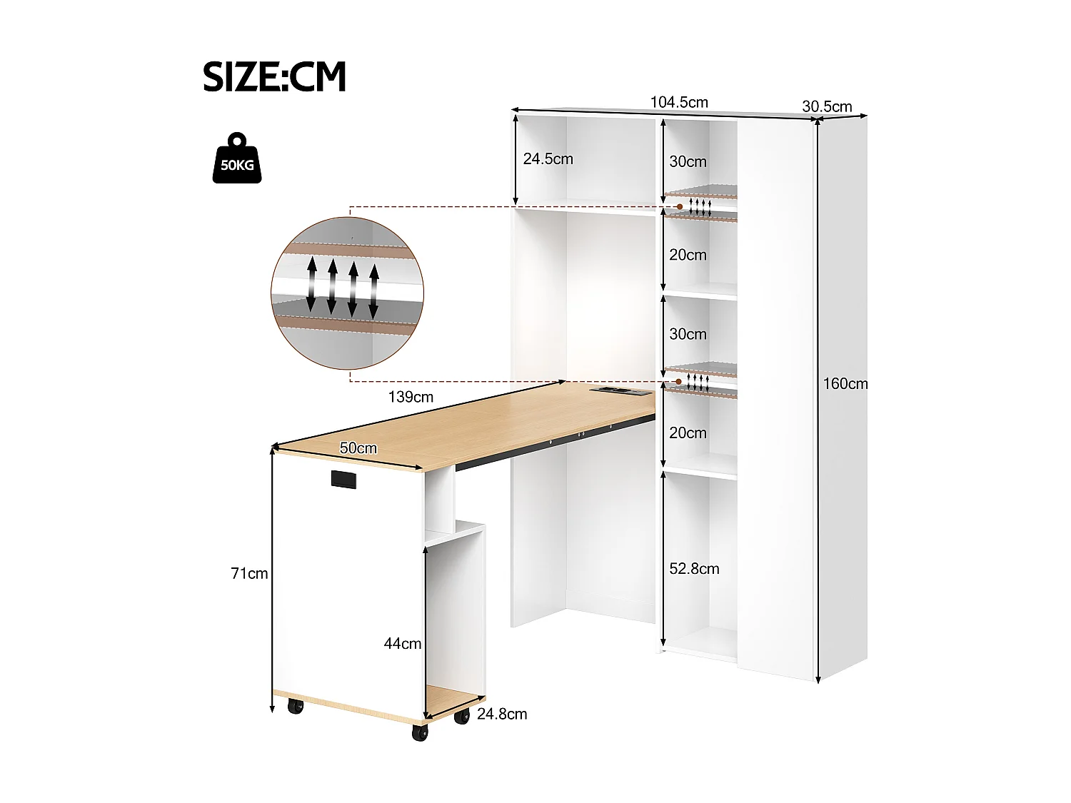 Bureau pliant avec étagères + USB - 104 x 30.5 x 160 cm - Bibliothèque et bureau 2 en 1 - MDF - blanc