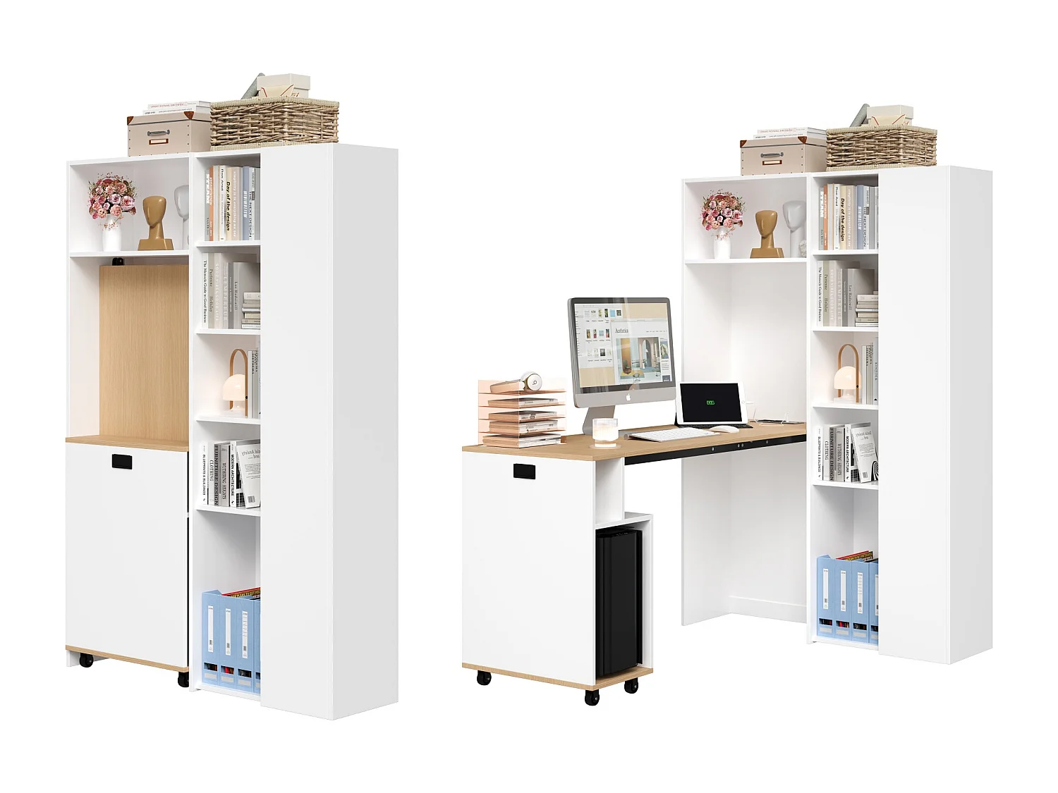 Bureau pliant avec étagères + USB - 104 x 30.5 x 160 cm - Bibliothèque et bureau 2 en 1 - MDF - blanc
