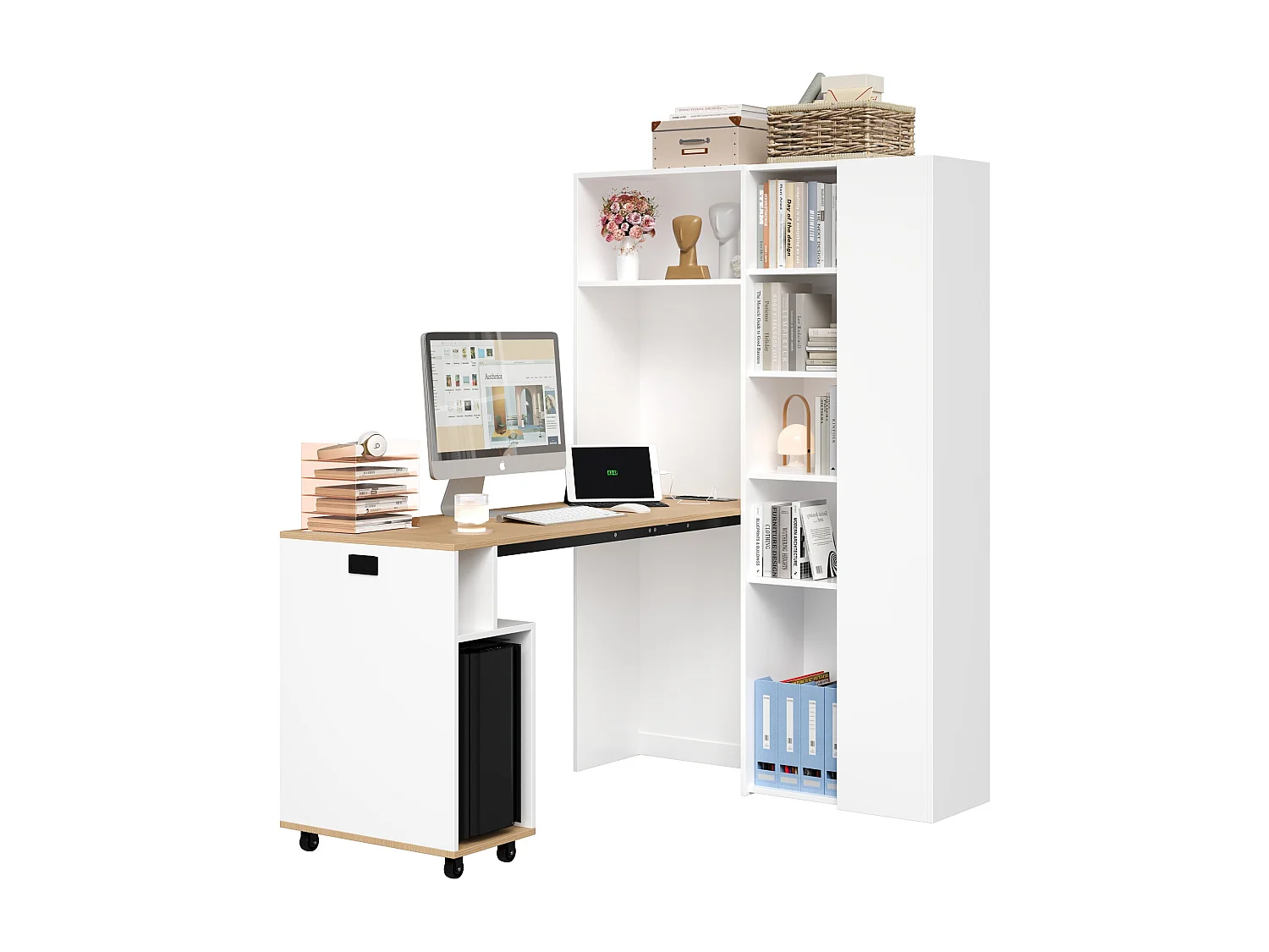 Bureau pliant avec étagères + USB - 104 x 30.5 x 160 cm - Bibliothèque et bureau 2 en 1 - MDF - blanc
