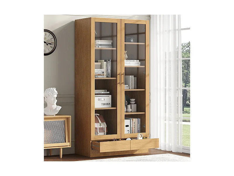 Vitrine de vidro - 80 x 40 x 160 cm - prateleiras deslocadas - com 2 gavetas - MDF - natural