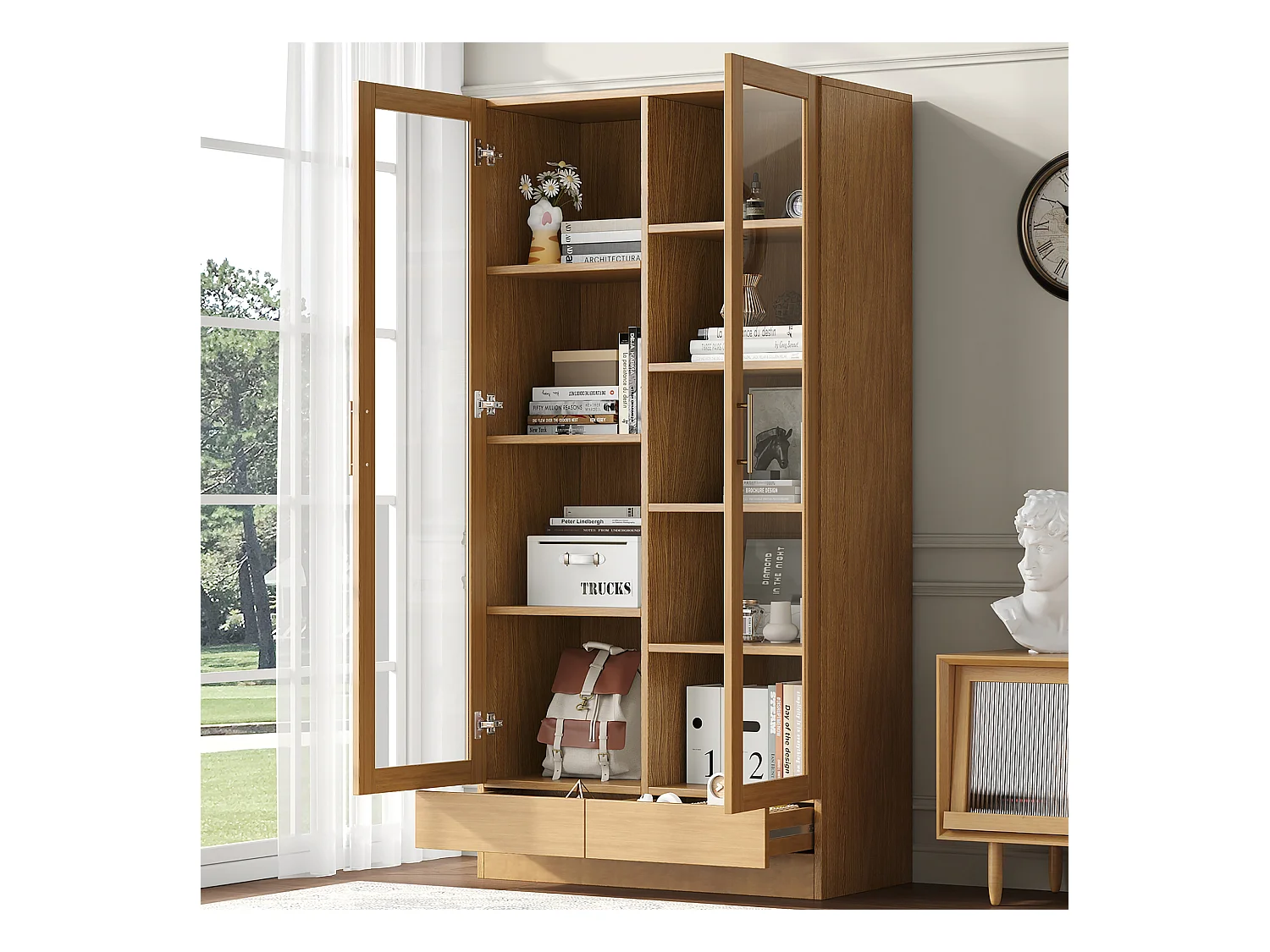 Vitrine en verre - 80 x 40 x 160 cm - étagères décalées - avec 2 tiroirs - MDF - naturel