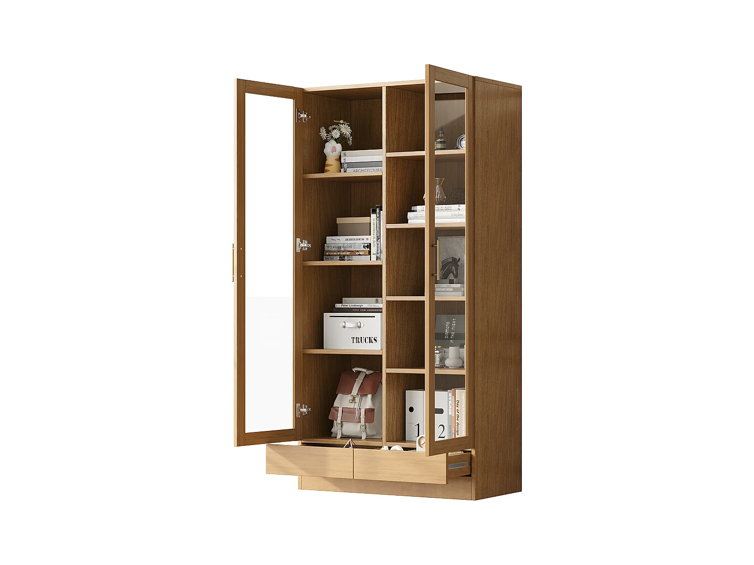 Vitrine en verre - 80 x 40 x 160 cm - étagères décalées - avec 2 tiroirs - MDF - naturel