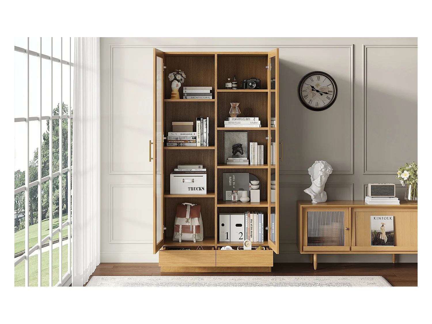 Vitrine en verre - 80 x 40 x 160 cm - étagères décalées - avec 2 tiroirs - MDF - naturel