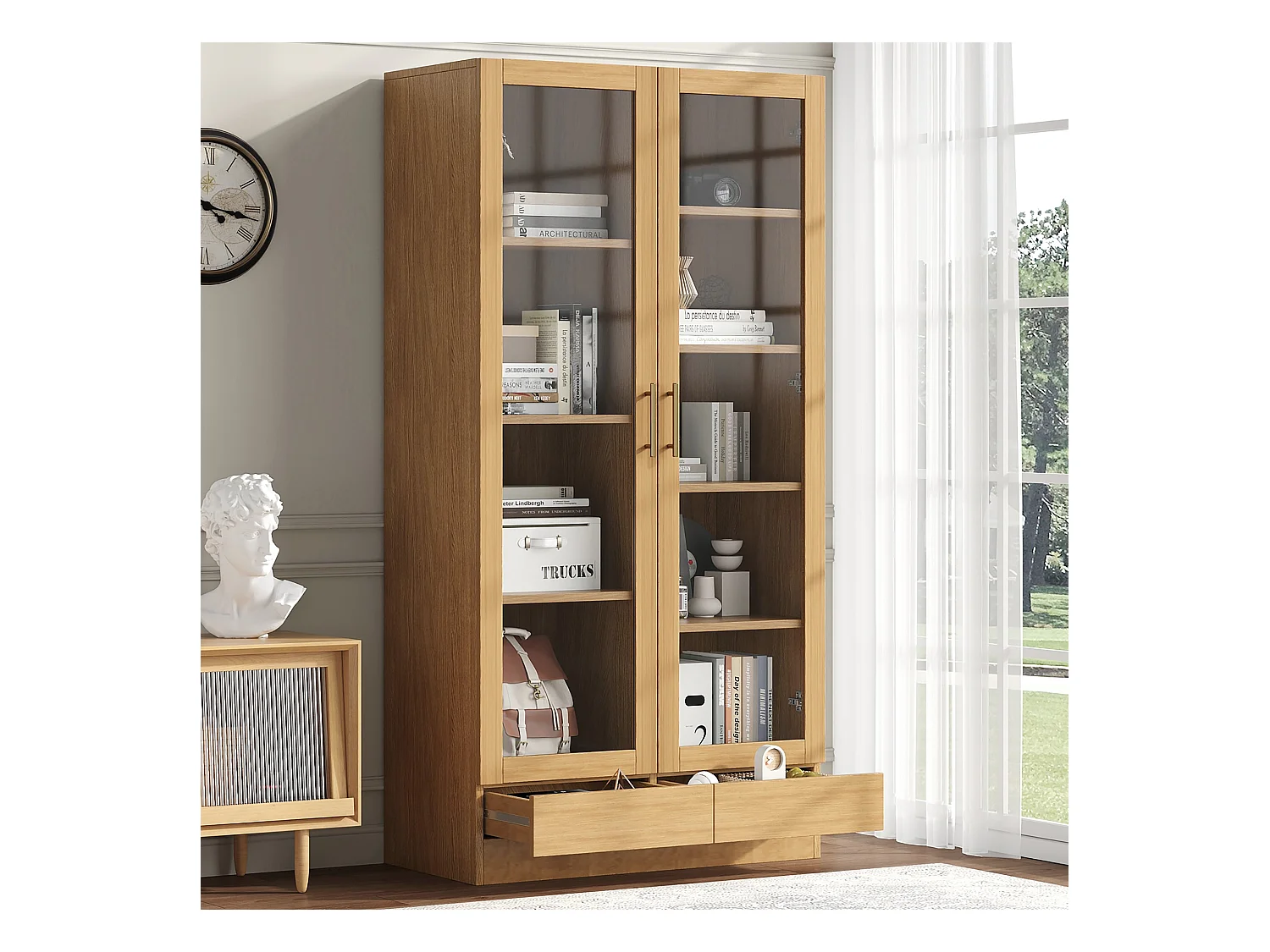 Glasvitrine - 80 x 40 x 160 cm - versetzte Regale - mit 2 Schubladen - MDF - natur